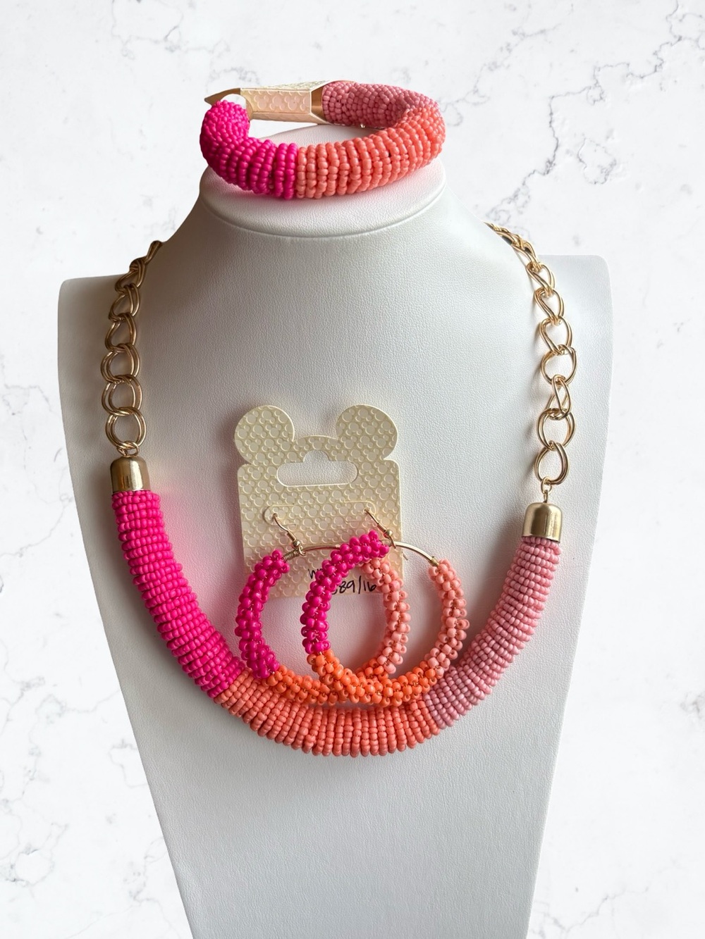 Disney Pink & Coral Seed Beaded Necklace Set Earrings Bracelet - Picture 1 of 4